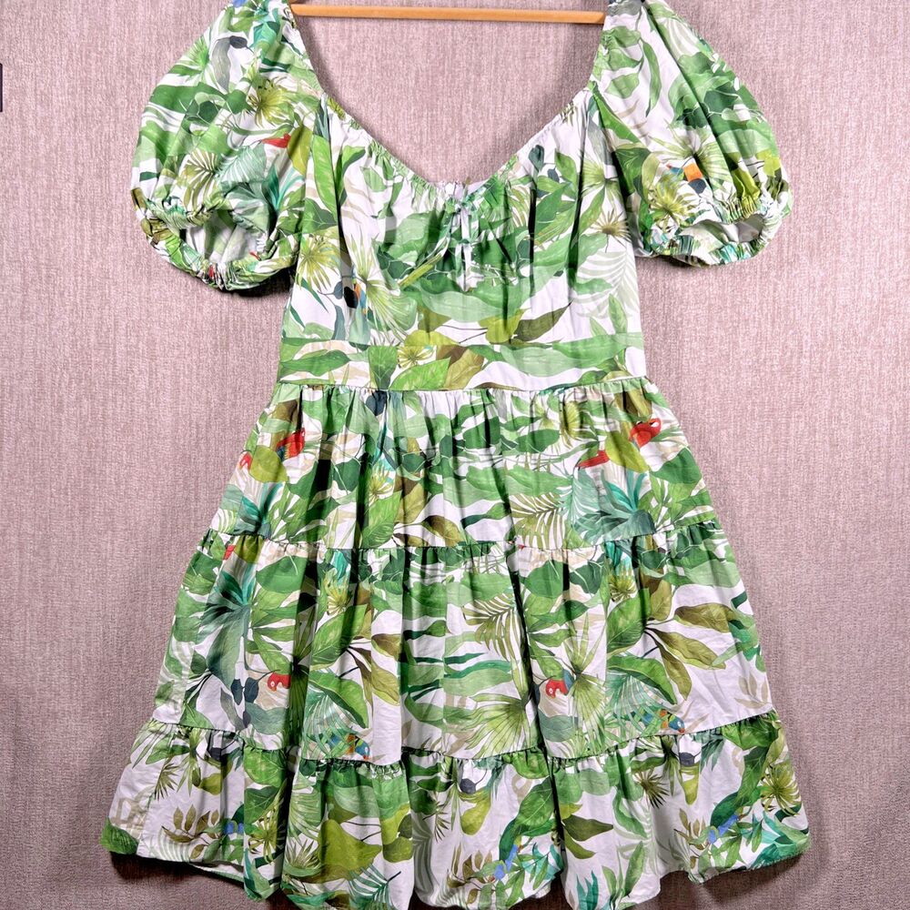Antonio Melani Paola Tropical Print Dress Size 12 Tiered Puff Sleeve Parrot